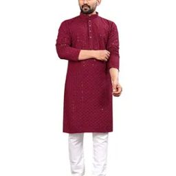 Men Embroidered Regular Fit Long Kurta with Mandarin Collar-image-3