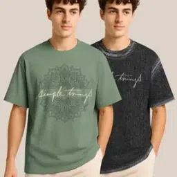 bullmer Men Pack of 2 Typographic Print Oversized Fit Round-Neck T-Shirts-picture-48