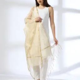 Women Geometric Woven Dupatta with Tassels-image-1