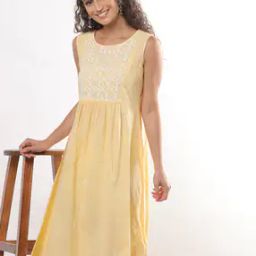 Women A-Line Dress with Chikankari Embroidered Yoke-image-42