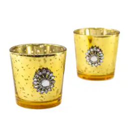 Set of 2 Silver Glass Votives with Brooch-picture-25