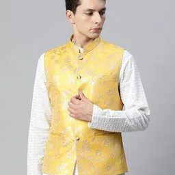 manq Men Floral Pattern Nehru Jacket with Welt Pockets-picture-25