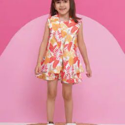 Girls Leaf Print Top & Shorts Set with Blazer-image-4