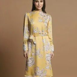 Women Floral Print A-Line Dress with Waist Tie-Up-image-10