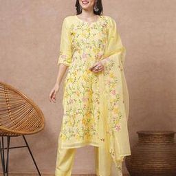 Floral Embroidered Supernet Straight Fit Kurta with Pant Dupatta-image-22