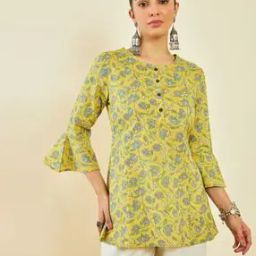 Floral Print A-Line Tunic with Bell Sleeves-image-98