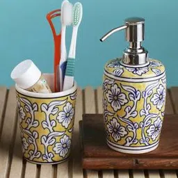 Set of 2 Floral Print Ceramic Soap Dispenser with Brush Holder-4