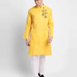 Men Embroidered Long Kurta with Mandarin Collar-image-1