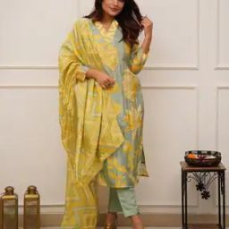 Women Floral Print Straight Kurta with Pants & Dupatta-image-90