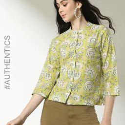 Handblock Print Collared Cotton Top-46