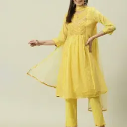 biba Women Embroidered Flared Kurta with Pants & Dupatta-picture-3