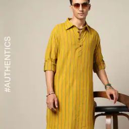 Striped South Cotton Dobby Pathani Kurta with Roll-Up Sleeves & Side Pocket-image-40