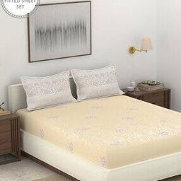 144 TC Floral Print Fitted King-Size Bedsheet with Pillow Covers-17
