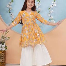 Girls Floral Print Angrakha Kurta & Sharara Set-image-57