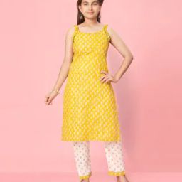 Girls Block Print Round-Neck Straight Kurti-image-46