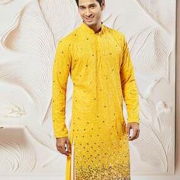 Men Embellished Regular Fit Long Kurta with Mandarin Collar-image-16