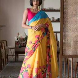 Floral Print Cotton Saree with Lace Border-image-20