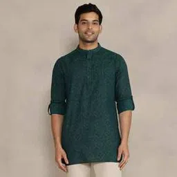 fabindia Men Floral Print Slim Fit Short Kurta with Mandarin Collar-picture-24