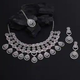 Women Silver-Plated Stone-Studded Necklace with Earrings & Mangtika Set-image-61