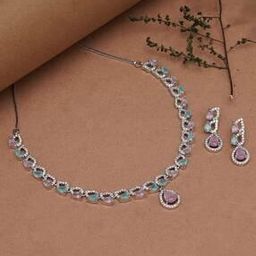 Women Silver-Plated Stone-Studded Necklace & Earrings Set-image-93