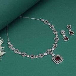 Women Silver-Plated Stone-Studded Necklace & Earrings Set-image-94