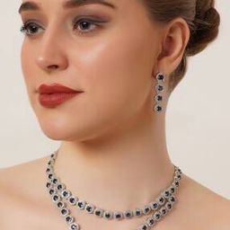 Women Silver-Plated Stone-Studded Necklace & Earrings Set-40