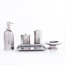 GIBOX Silver Hammered Desing Round Bathroom Accessory Set, 5 Pcs Towel Tray, Soap Tray, Cotton Utility Jar, Toothbrush Holder, Liquid Soap Dispenser-image-3