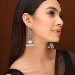 Oxidised Jhumkas with Pearl Drops-image-1