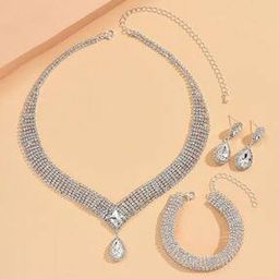 Women Crystal Diamond Studded Necklace & Earrings Set with Bracelet-image-3