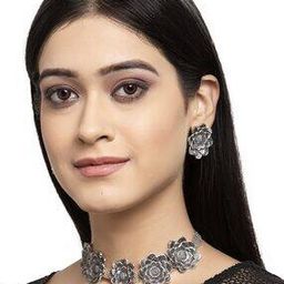 Oxidised Floral Necklace & Earrings Set-image-71