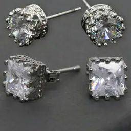 Men Set of 2 Silver-Plated Cubic Zirconia-Studded Stud Earrings-8