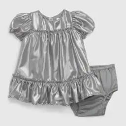 Round-Neck Tiered Satin Dress-image-56