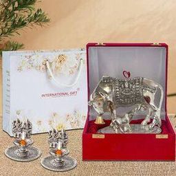 Kamdhenu Cow Idol with 2 Diyas-image-2