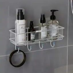 Stainless Steel Wall Mount Bathroom Shelf with Hooks-image-2
