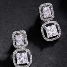 Rhodium-Plated American Diamond-Studded Drop Earrings-7