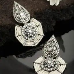 Stone-Studded Pearl Drop Earrings-image-9