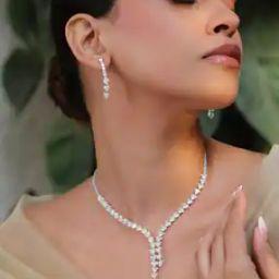 Women Silver-Plated Stone-Studded Necklace & Earrings Set-53