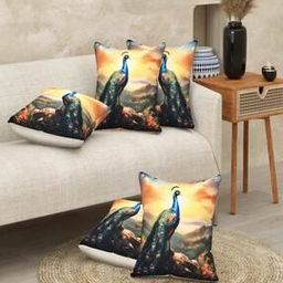 Pack of 5 Peacock Print Jute Cushion Cover-image-56