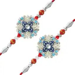 Set of 2 Floral Rhodium-Plated Crystal-Studded Rakhis with Artificial Pearls-image-47