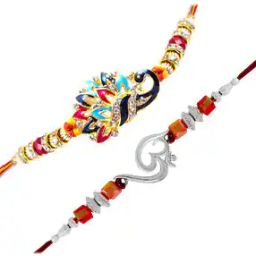 Set of 2 Om & Peacock Rakhis with Crystals-2
