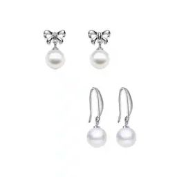 Set of 2 Silver-Plated Stud Earrings with Pearl Drop-image-42