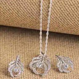 Sterling Silver American Diamond-Studded Pendant & Earrings Set-image-38