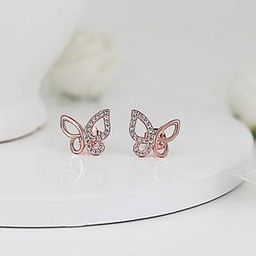 Sterling Silver Rose Gold-plated Zircon Butterfly Stud Earrings-image-8