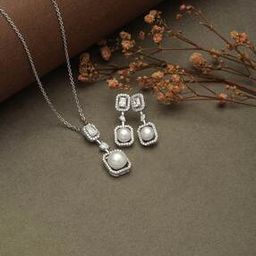 Women Sterling Steel Stone-Studded Pendant with Chain & Earrings Set-image-34