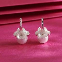 Women Sterling Silver Pearl Bouquet Hoop Earrings-image-3