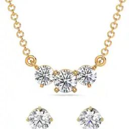 Women Yellow Gold Triple Solitaire Diamond Necklace & Earrings Set-image-62