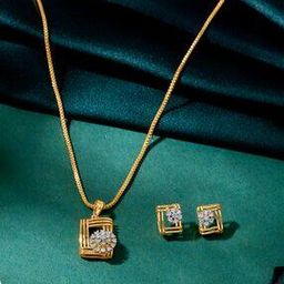 Women Yellow Gold Lattice Glow Diamond-Studded Necklace & Earring Set-15