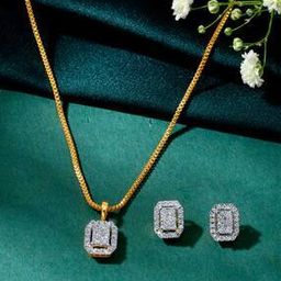 Women Yellow Gold Regal Rhombus Diamond-Studded Necklace & Earrings Set-image-1