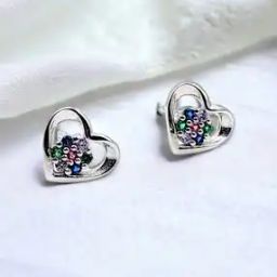 Women Sterling Silver Heart Cubic Zirconia Stud Earrings-image-31