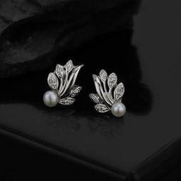 Women Sterling Silver Rhodium-Plated CZ & Pearl Stud Earrings-image-48